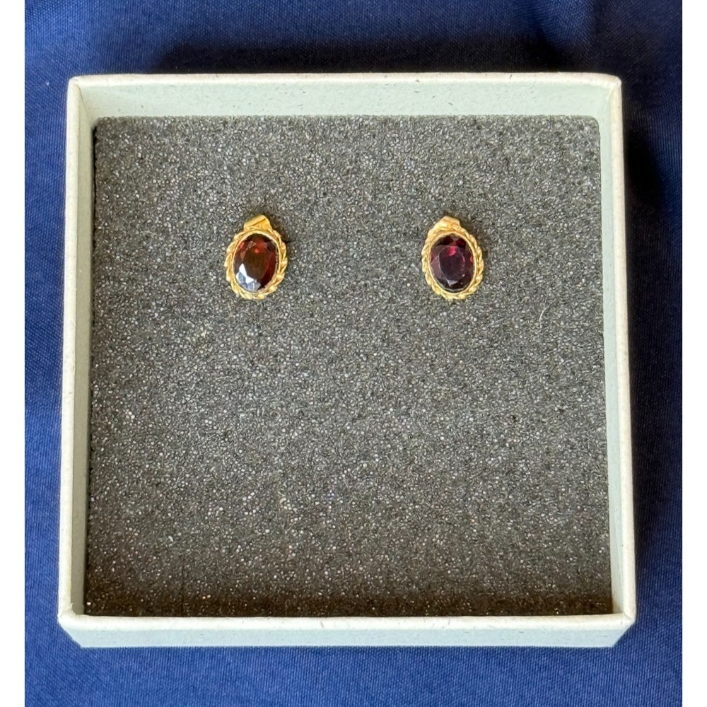 Vintage 14K Yellow Gold Oval Garnet Stud Earrings Rope Accent Border 1.4g